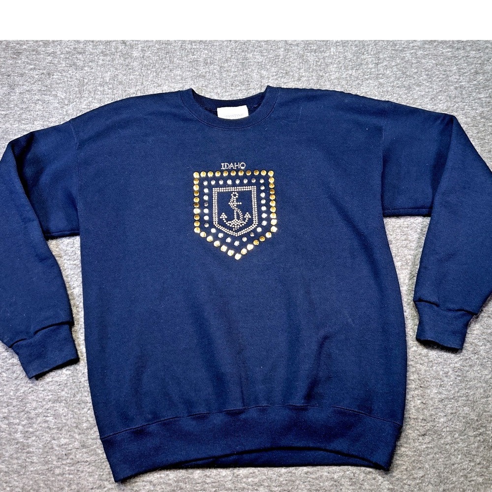 Christine Alexander Sweatshirt Womens XL Bejewled Navy Rhinestone Crew Neck USA